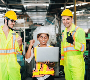 Cheerful engineers working factory 360x320