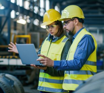 Male female industrial engineers hard hats discuss new project while using laptop 360x320