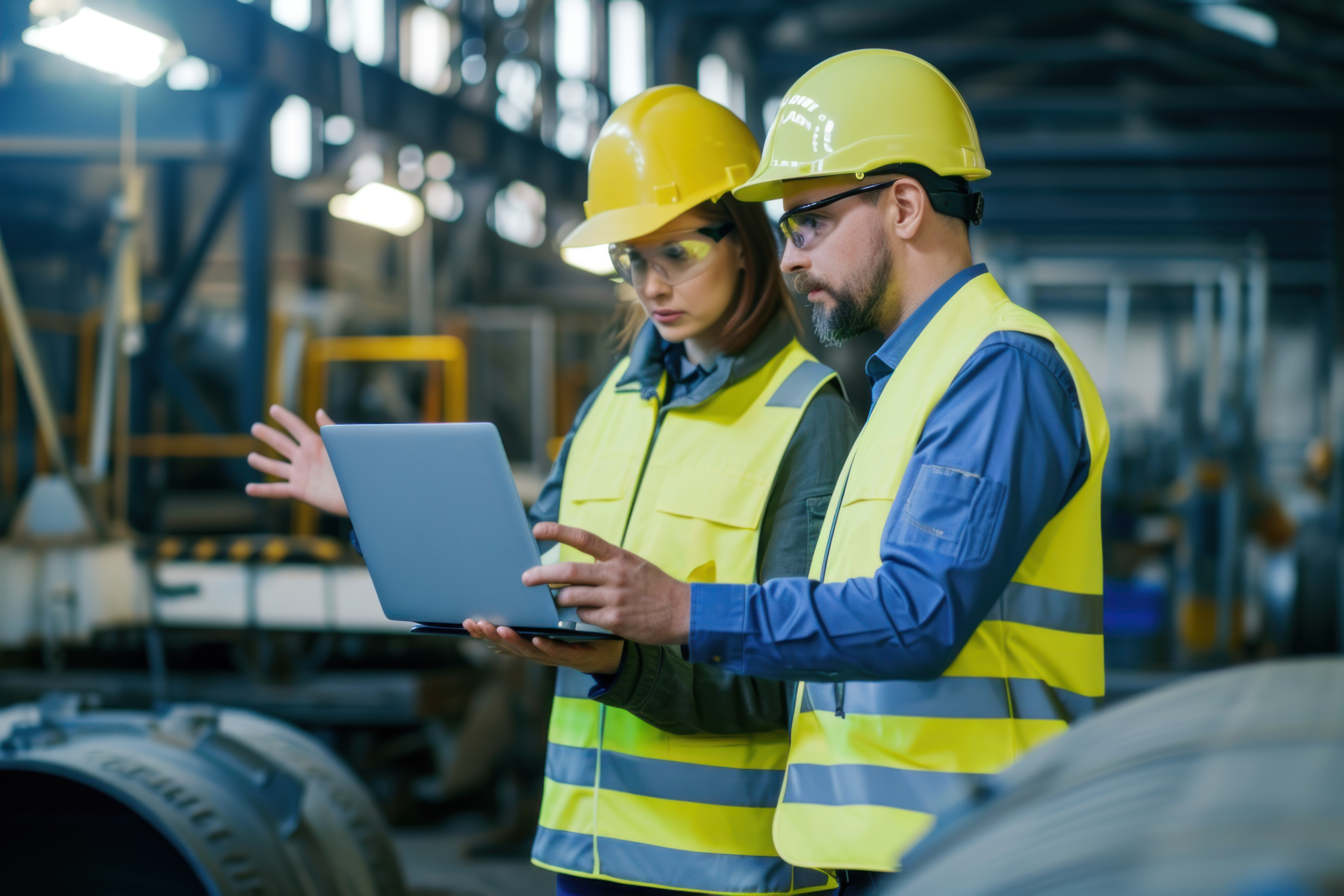 Male female industrial engineers hard hats discuss new project while using laptop